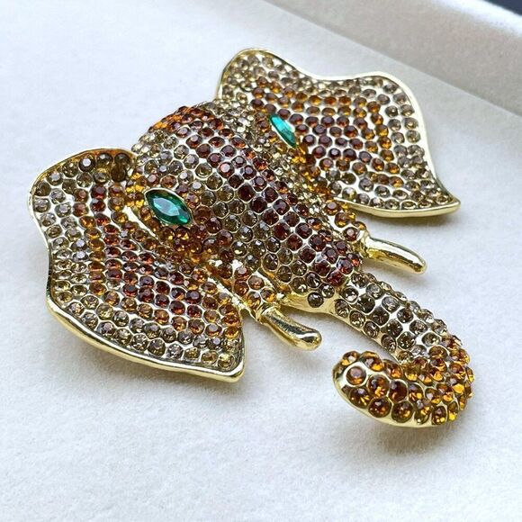 Yellow Gold with Champagne Topaz Crystal Tusked Elephant Pin Back Brooch - Picture 5 of 9